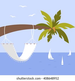 Vector illustration with palm tree, hammock and yacht, seagulls in flat style. 
