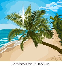 Vector illustration of palm tree leaning on sea beach. Image of tropical palm tree, beach and sea in vector. Illustrations of trees and places for summer holidays.