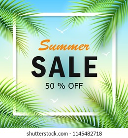 Vector illustration of Palm tree leaves on summer background