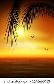Vector illustration of Palm tree leaves on summer background. Palm tree silhouette