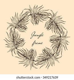 Vector illustration of palm tree leaves  - hand drown plant and  floral round frame