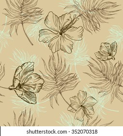 Vector illustration of palm tree leaves and tropical flowers seamless - hand drown plant and botanical texture