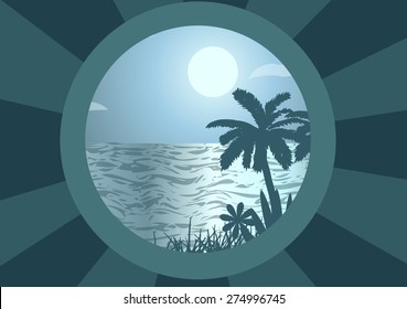 Vector Illustration. Palm tree and ocean in frame.