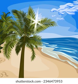 Ilustración vectorial de la palmera en la playa del mar con sol brillante que atraviesa las hojas. Imagen de palmera tropical, playa y mar en vector. Ilustraciones de árboles y lugares para las vacaciones de verano.