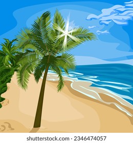 Ilustración vectorial de la palmera en la playa del mar con sol brillante que atraviesa las hojas. Imagen de palmera tropical, playa y mar en vector. Ilustraciones de árboles y lugares para las vacaciones de verano.