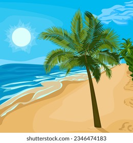Vector illustration of palm tree on sea beach. Image of tropical palm tree, beach and sea in vector. Illustrations of trees and places for summer holidays.