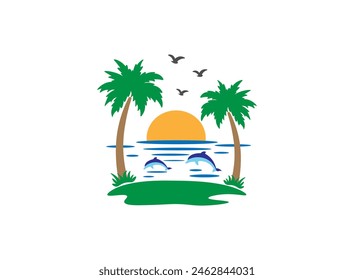 Ilustración vectorial de una palmera sobre un fondo del sol en un estilo minimalista