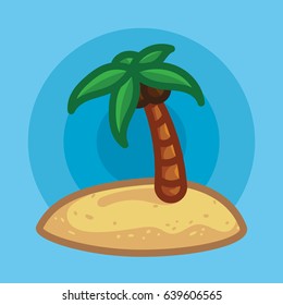 Vector illustration palm tree on beach in sand. Icon flat sea, palm trees and beach