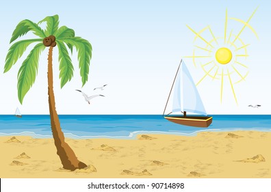 Vector illustration of a palm tree on sand beach and bat sailing in the ocean