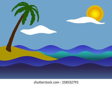 Vector illustration. Palm tree, sea and waves.