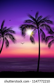 Vector illustration of Palm tree silhouette. Palm tree leaves on summer background