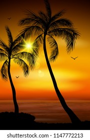 Vector illustration of Palm tree silhouette. Palm tree leaves on summer background