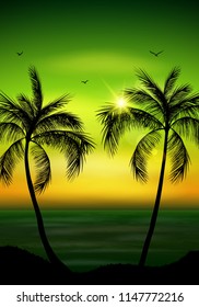 Vector illustration of Palm tree silhouette. Palm tree leaves on summer background