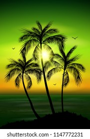Vector illustration of Palm tree silhouette. Palm tree leaves on summer background