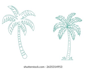 Ilustración vectorial de una palmera. Silueta de palmera. Palmera tropical. Conjunto de Vector de palmeras dibujadas a mano en contorno blanco y negro. Diseño tropical mínimo perfecto para el verano.