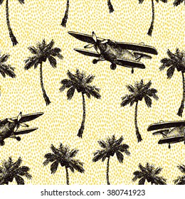 Vector Illustration of Palm Tree Sketch for Design, Website, Background, Banner. Hand Drawing Floral on Beach. Travel and Vacation Ink Element Template. Seamless Pattern Wallpaper