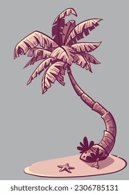 Vector illustration palm tree, starfish and a bottle of rum hand drawn sketch