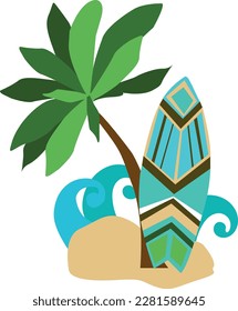 Vector illustration with palm tree, surfboard and waves. Retro, flat style, design for logos, banners, prints and more
