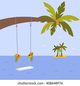 Vector illustration with palm tree, wedding swing and hibiscus flower, leafs of plant Kentia and Monstera in flat style. 