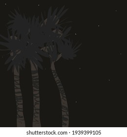 Vector illustration of palm trees against the background of the night starry sky. Flat style.