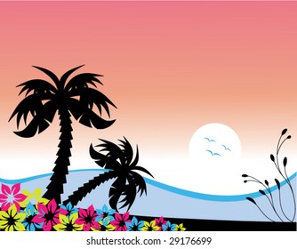 Vector illustration of palm trees at the beach at sunset