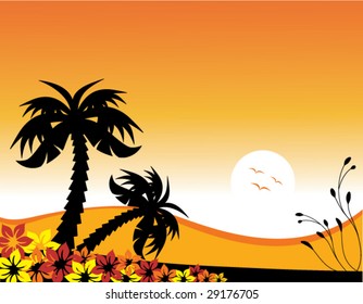 Vector illustration of palm trees at the beach at sunset