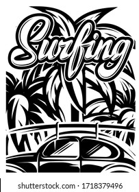 Vector illustration with palm trees and calligraphic inscription Surfing.
