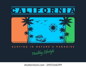 Ilustración vectorial de palmeras, coche, sol, gaviotas. Diseño de estampado de aventura de surf con tipografía, surf beach retro vintage art
