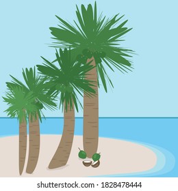 Ilustración vectorial de palmeras y cocos al borde de una playa en un hermoso día con cielos azules.