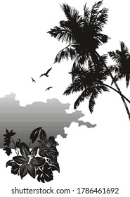 Ilustración vectorial de las palmeras, flores, cielo y pájaros. Siluetas negras de palmas y flores. 