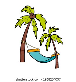 Vector illustration of the palm trees and a hammock doodle style. Over white. Vector illustration