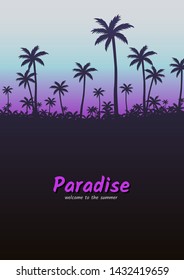 Vector illustration. Palm trees on the background of the sunset, place for your text and your design. Paradise poster. 