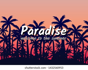 Vector illustration. Palm trees on the background of the sunset, place for your text and your design. Paradise poster. 