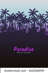 Vector illustration. Palm trees on the background of the sunset, place for your text and your design. Paradise poster. 