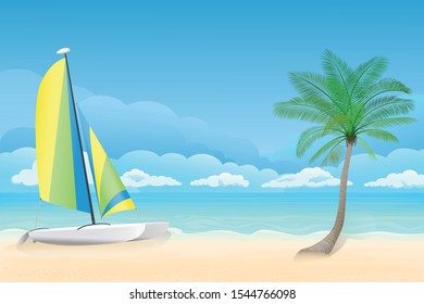 Vector illustration - palm trees on the beach. Sand, ocean in the background with catamaran.