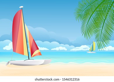 Vector illustration - palm trees on the beach. Sand, ocean in the background with catamaran.