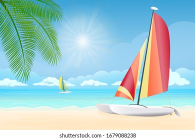 Ilustración vectorial - palmeras en la playa. Arena, océano en el fondo con catamarán.