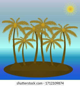 Dibujo vectorial de las palmeras en la isla y el mar azul.