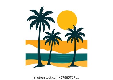 vector illustration of palm trees on a beach with sunset and sea. simplistic design with white background.