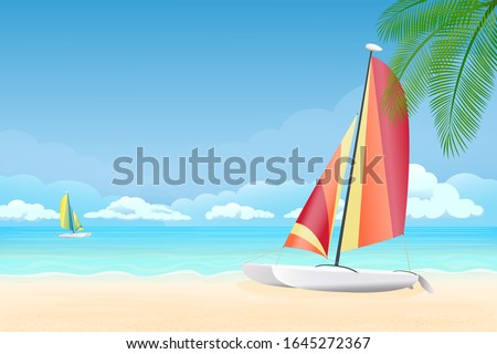 Vector illustration - palm trees on the beach. Sand, ocean in the background with catamaran.