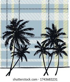 Vector illustration of palm trees in scribbled style on geometric background.