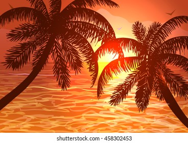 Vector Illustration. Palm trees and sea at sunset. 