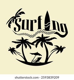 vector illustration of Palm Trees and Surfing Typography, on a pastel yellow background, perfect for summer designs
