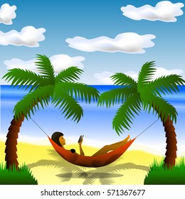Vector illustration of a palm trees and a woman in a hammock on a background of ocean