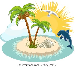 Vektorgrafik mit Palmen.Palmen, Strand und Delphine im Meer in farbiger Vektorgrafik.