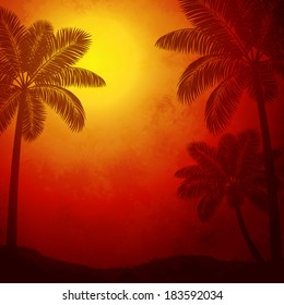 Vector illustration palms against the red sunset