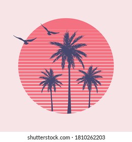 Vector Illustration With Palms, Sunset And Birds For T-Shirt Print | Miami Vibes Summer Graphic