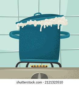 Vector illustration of a pan with boiling liquid on the hob of a kitchen stove.