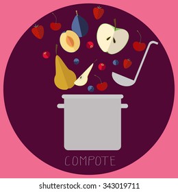 Vector illustration of a pan and falling fruits and berries. compote ingredients.