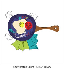Dibujo vectorial de una sartén con huevos revueltos fritos con anillos de cebolla, guisantes, hojas de condimento, ramas, tomate, toalla de cocina.Alimentos saludables. Estilo de vida saludable. Cocina. Textil. Huevo. 